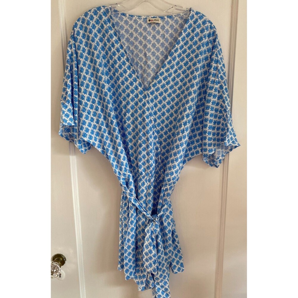 Cupshe Women's Size Large Blue‎ White Geometric Print Romper w Surplice Neckline